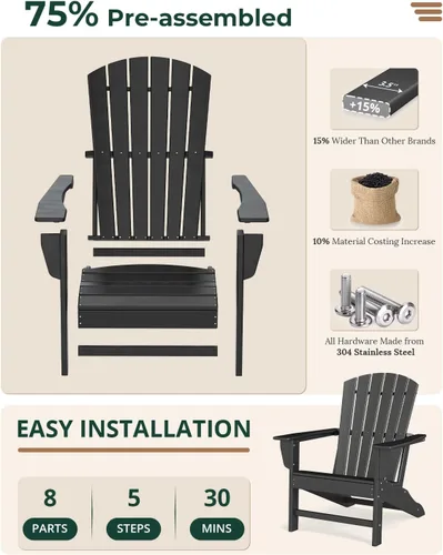 Miniatura 8 de BRIOPAWS Adirondack - Juego de 2 sillas para hoguera, de gran tamaño, plástico HDPE, resistente a la intemperie, para terraza, exterior, piscina