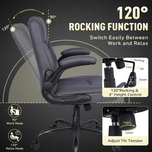 Miniatura 6 de Silla de oficina de cuero para el hogar con soporte lumbar, asiento acolchado de 5 pulgadas, pequeña silla mecedora de escritorio de cuero PU, Gris