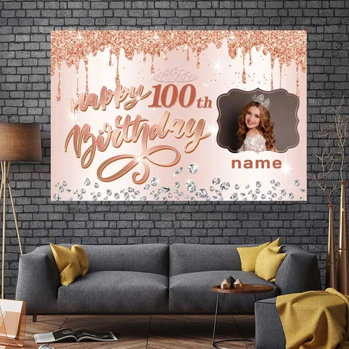 Miniatura 7 de Cartel personalizable de decoración de feliz cumpleaños número 100 de oro rosa, personalizado con nombre y foto