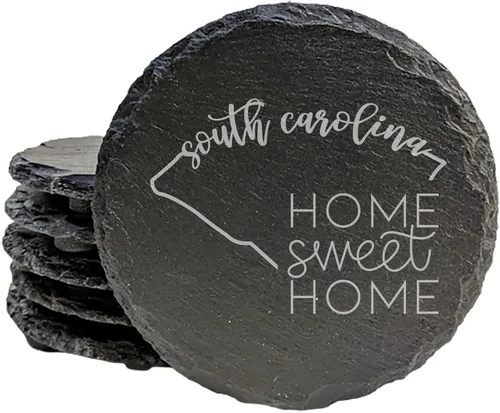 Rustic Slate Coasters Set of 6, Round 4" with South Carolina 'Home Sweet Home' Design, for Holidays, Birthdays, Housewarming, She-Shed, Man Cave,