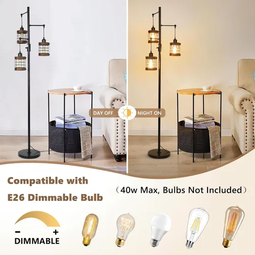 Miniatura 3 de Lámparas de pie regulables para sala de estar, lámpara de pie industrial de 3 luces con jaula de madera y metal, lámpara de pie de granja lámpara