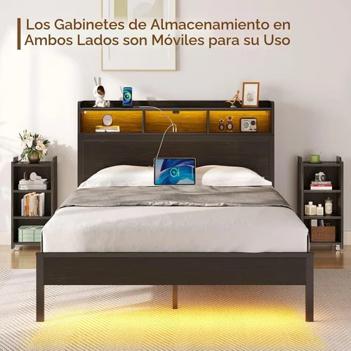 Miniatura 4 de Rolanstar - Marco de cama tamaño completo con cabecera de almacenamiento tipo librero, almacenamiento deslizable lateral, cama con estación de carga