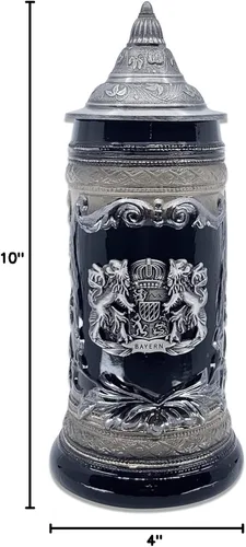 Miniatura 5 de OktoberfestHaus - Taza de cerveza con escudo de armas del Bayern alemán, escudo de armas con emblema de metal en color negro carbón con tapa