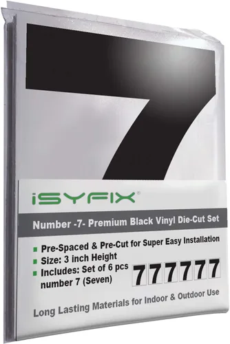 Miniatura 70 de iSYFIX Calcomanías de vinilo negro con el número 7 (siete), paquete de 6 calcomanías autoadhesivas de 7 pulgadas, calcomanías troqueladas y Negro