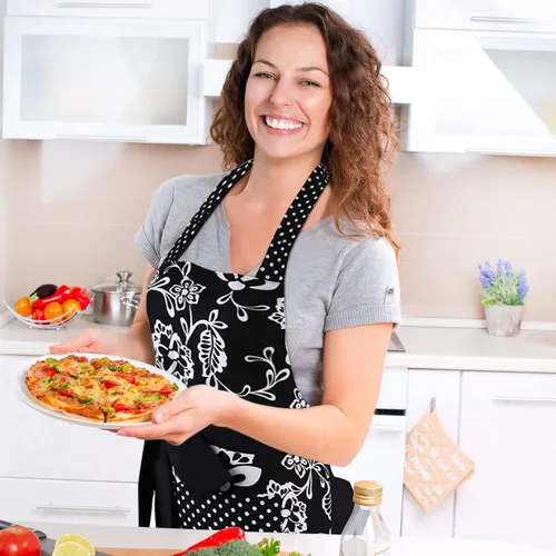 Miniatura 9 de G2PLUS Delantal de cocina floral vintage para mujer, delantal de cocina con dobladillo plisado negro con bolsillo, delantal de algodón retro