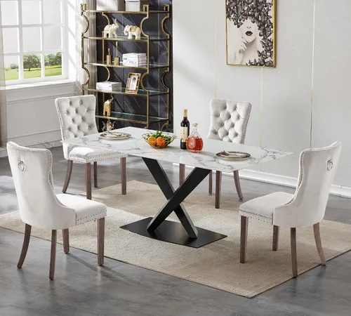 Juego de mesa de comedor de mármol blanco para 4, 70 pulgadas, mesa de comedor de mármol blanco con 4 sillas de terciopelo beige y base de acero al