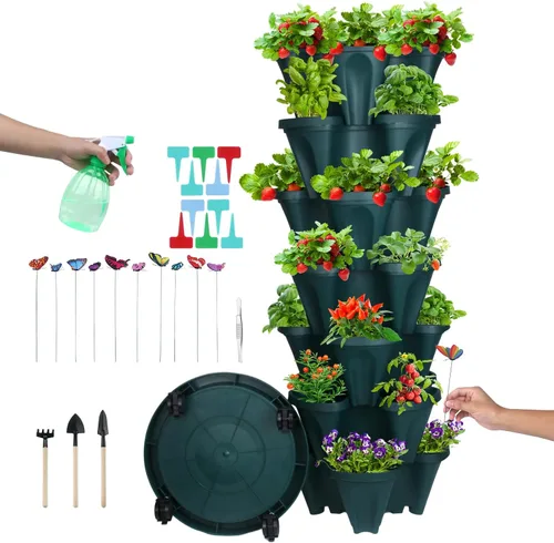 Miniatura 39 de Macetas apilables de polipropileno DUNCHATY, de 5 niveles, verde pino, para interior/exterior, 29" de altura x 13.6" de diámetro 2-1 Paquete