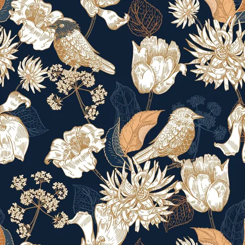 VaryStyle Papel tapiz floral vintage para despegar y pegar, color azul marino/dorado, papel tapiz floral de pájaros de 17.7 x 118 pulgadas,