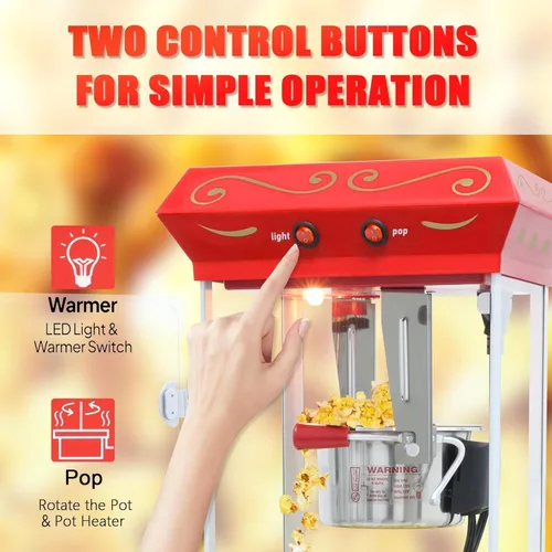 Miniatura 6 de Máquina de palomitas de maíz de estilo vintage de 8 onzas – Máquina de aperitivos con hervidor de acero inoxidable, carrito retro vintage y ruedas