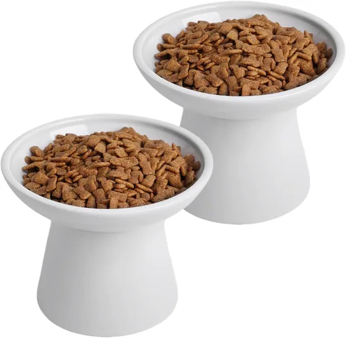 Miniatura 10 de Cuencos de Cerámica Extra Anchos Elevados de 6.2 Pulgadas para Gatos, Juego de Cuencos de Comida y Agua para Gatos Mayores Grandes y Perros Blanco-4
