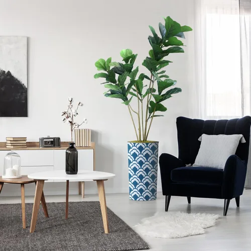 Miniatura 15 de Árbol artificial en macetero contemporáneo con patrón de margaritas, árbol de seda falso Ficus Lyrata para decoración del hogar en interiores
