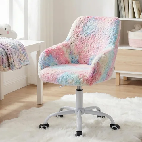 Miniatura 4 de LukeAlon Silla de escritorio ajustable para niños, silla de estudio peluda con base giratoria, bonita silla de lectura tapizada de piel sintética