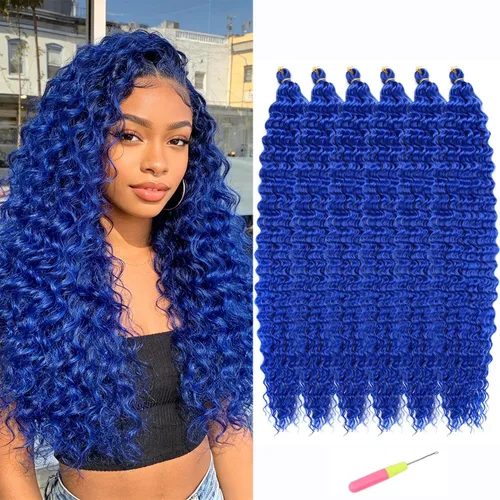 Miniatura 14 de Extensiones de cabello ondulado con ganchillo Ocean Wave de 18 pulgadas, 6 paquetes, extensiones de cabello de ganchillo sueltas de onda profunda #1B