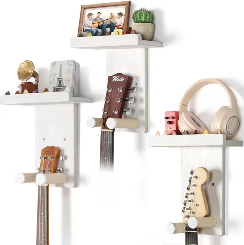 Miniatura 16 de Keebofly 2 unidades de colgador de pared para guitarra con estante de madera y soporte para púa para guitarra acústica, eléctrica, ukelele, bajo
