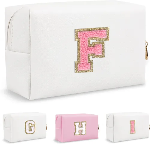 Biileen Bolsa de Maquillaje Preppy Personalizada con Inicial Pequeña Bolsa de Viaje Linda con Letra de Chenilla, blanco-1, F