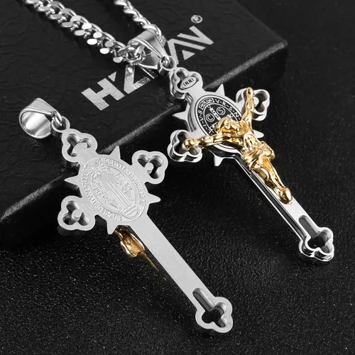 Miniatura 2 de HZMAN Religión Acero Inoxidable Saint St Benedict Crucifijo Cruz Colgante Collar INRI