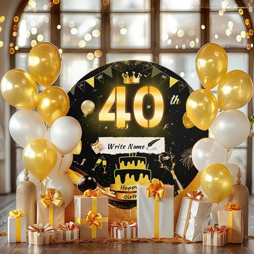 Miniatura 2 de Letrero luminoso de feliz cumpleaños de 40 años, decoración de fiesta para hombres, fondo de cumpleaños LED negro y dorado, carpa redonda, cartón