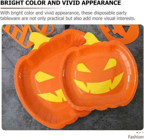 Miniatura 6 de Healifty 20 platos de calabaza de Halloween desechables para fiestas de otoño, lindos platos de diseño divertido para celebraciones de Halloween