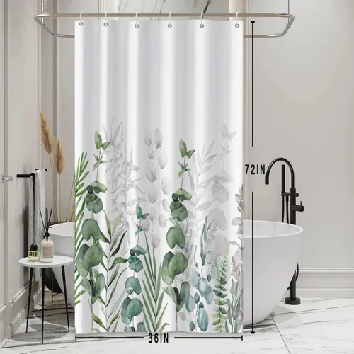 Cortinas de ducha botánicas verdes de 36 x 72 pulgadas, hojas de eucalipto naturales de primavera para minimalismo moderno, decoración de baño, tela