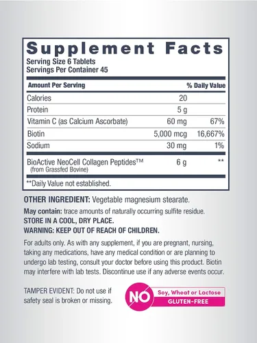 Miniatura 5 de NeoCell Advanced Péptidos de colágeno 270 tabletas 6000 mg para mujeres y hombres con vitamina C y biotina Sin OMG, gluten y soja