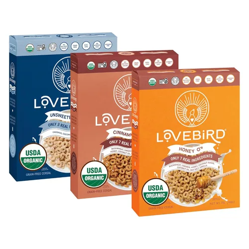 Lovebird Variedad de cereales sin gluten, paquete de 3 cereales orgánicos sin cereales, sin lácteos, sin azúcar, sin refinado, bocadillos saludables