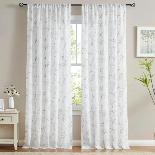 Miniatura 11 de Vision Home Cortinas con textura de lino transparente floral de 84 pulgadas, paneles de ventana bordadas con estampado de hojas para sala de estar