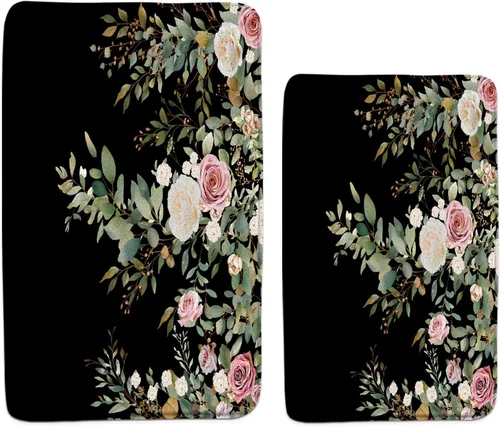 Miniatura 16 de GCTNBJL Tapete de baño con diseño floral de hojas verdes, flores rosas, bohemio, botánico, tropical, hojas bohemias, plantas, naturaleza, negro