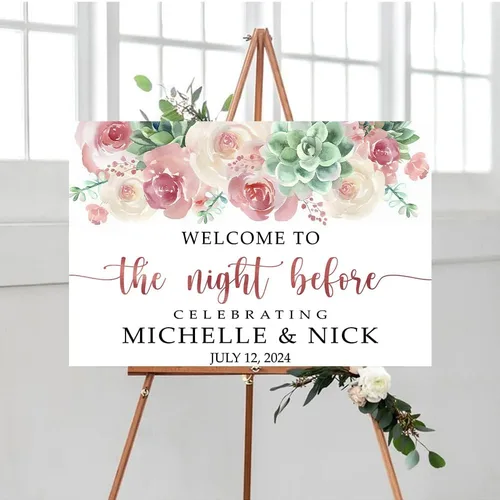 Letrero de bienvenida personalizado con texto en inglés "The Night Before Rehearsal Dinner Welcome to the Night Before Me", letrero de bienvenida
