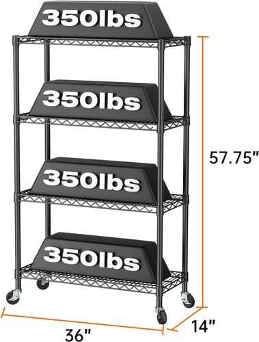 Miniatura 3 de SINGAYE Estante de almacenamiento ajustable de 4 niveles con ruedas, estantería resistente, estantes de alambre para garaje, oficina, despensa, Negro