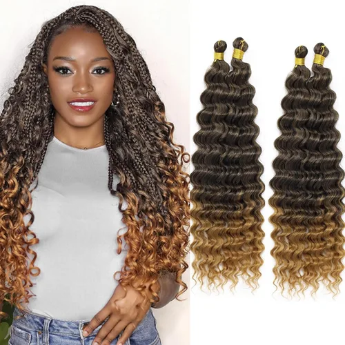 Miniatura 8 de Mezcla de cabello humano para trenzar, cabello sintético rizado bohemio para trenzar, trenzas bohemias de 16 pulgadas, 4 paquetes de 110g/paquete