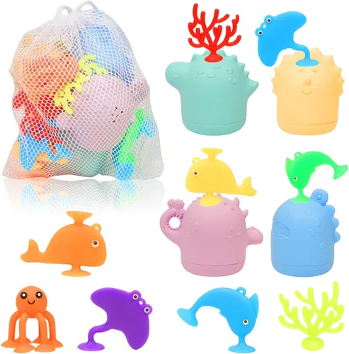 Juguetes de baño para bebé, 13 piezas de juguetes de baño de silicona sin moho con una bolsa de almacenamiento, juguetes de bañera de dinosaurios