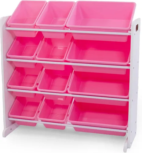 Humble Crew Organizador de almacenamiento de juguetes para niños con 12 cubos de plástico, blanco/rosa, contenedores extraíbles para sala de juegos,
