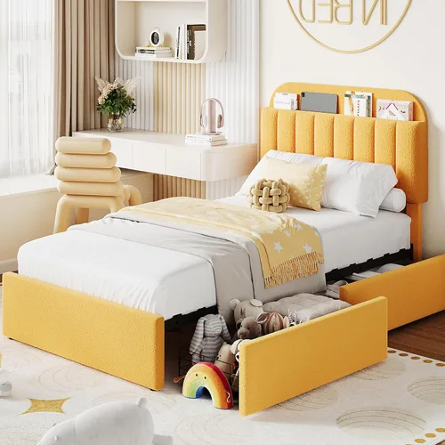 Miniatura 15 de IDEALHOUSE Base de cama individual para niños, cama plataforma tapizada con botones para niños/niñas con 2 cajones flexibles, cabecero tipo