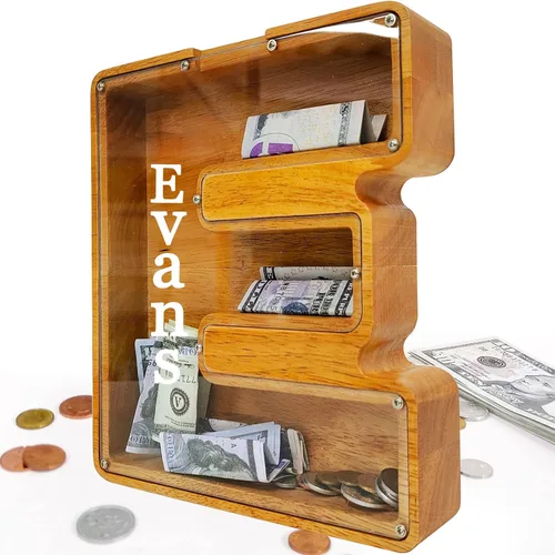 Miniatura 64 de Alcancía para niños y niñas, alcancía grande de madera personalizada con diseño recortado, bancos de monedas con letras del alfabeto, caja de ahorro