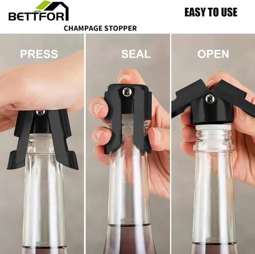 Miniatura 5 de Tapones de champán con protector de champán de acero inoxidable con silicona de grado alimenticio a prueba de fugas que se mantienen frescos, Negro