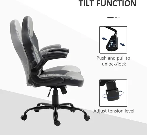 Miniatura 5 de Vinsetto Silla de juegos de piel sintética con reposabrazos abatibles, silla de computadora estilo carreras, silla de oficina en casa ajustable