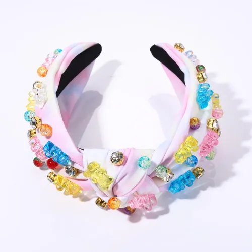 Miniatura 4 de ZITULRY Diadema anudada para mujer, de cristal, osito de gomita, adornado con nudo superior, diadema de moda con turbante ancho, regalos divertidos