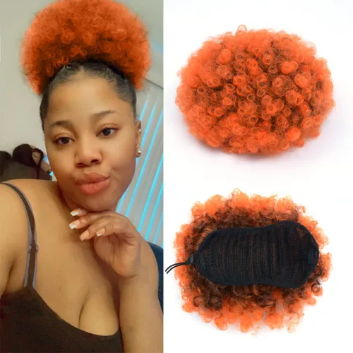 Miniatura 17 de Yinmei Baibian Extensiones de Cabello Sintéticas de Moño con Cordón Afro Rizado Crespo Degradado Marrón Tamaño Grande Peinado Recogido para Mujeres