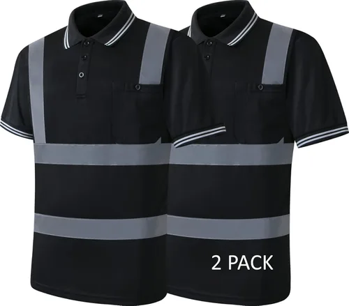 Paquete de 2 polos de seguridad negros con reflejo retro, camisa de manga corta para trabajos de construcción de alta visibilidad, ANSI/ISEA Negro-08