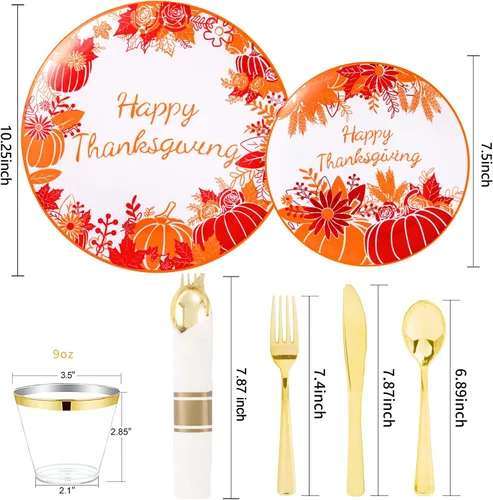 Miniatura 7 de DaYammi 210 piezas de platos de plástico para Acción de Gracias, juego de vajilla desechable naranja y rojo que incluye 60 platos, 30 cubiertos