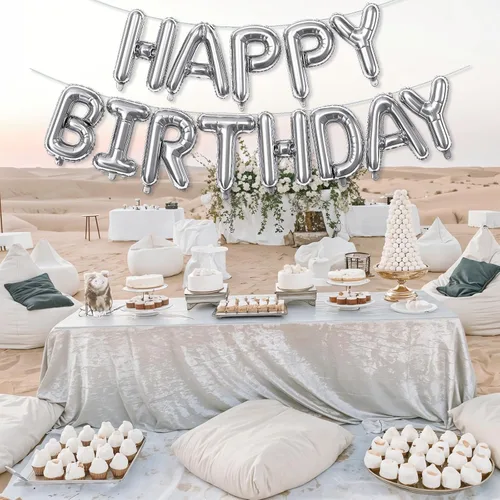 Miniatura 8 de Cartel plateado de feliz cumpleaños – Globos de letras de papel de aluminio de Mylar de 16 pulgadas con cinta, globos autoinflables para mujeres