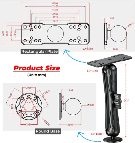 Miniatura 7 de VAZESWIN Soporte de buscador de peces de aleación de aluminio con placa rectangular de bola de 1.5 pulgadas y base redonda, brazo largo de 9.1