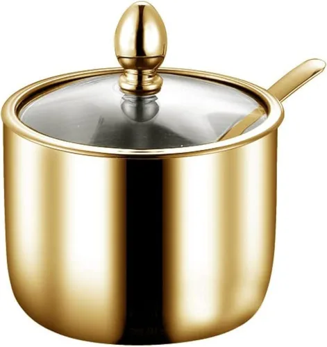 Miniatura 3 de Tazón de azúcar de acero inoxidable con jarra de especias, almacenamiento, recipiente para condimentos con tapa y cuchara Dorado