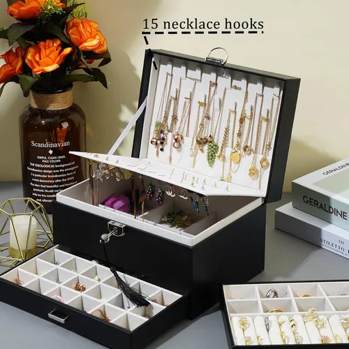 Miniatura 4 de BOOVO Joyero de aretes para mujer y niña, organizador de aretes de 5 capas, caja organizadora de joyas con cerradura para aretes, organizador