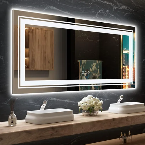 Miniatura 36 de Snowdool Espejo LED de baño, 32 x 32 pulgadas con luz frontal y retroiluminada, antivaho, espejo de tocador de baño para pared, función de memoria