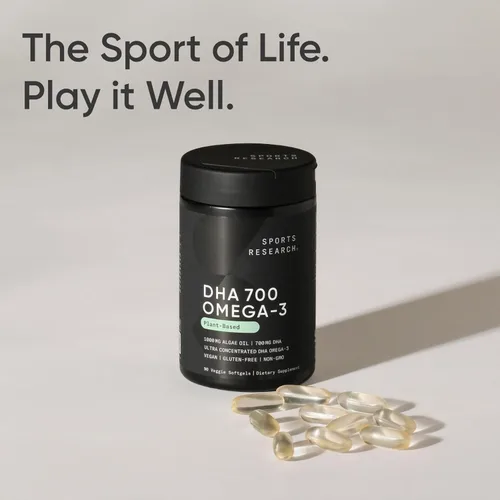 Miniatura 7 de Sports Research® DHA vegano 700mg – Apoyo cognitivo, apoyo cerebral, suplemento con Omega-3 DHA de aceite de algas – Certificado vegano · Sin OMG ·