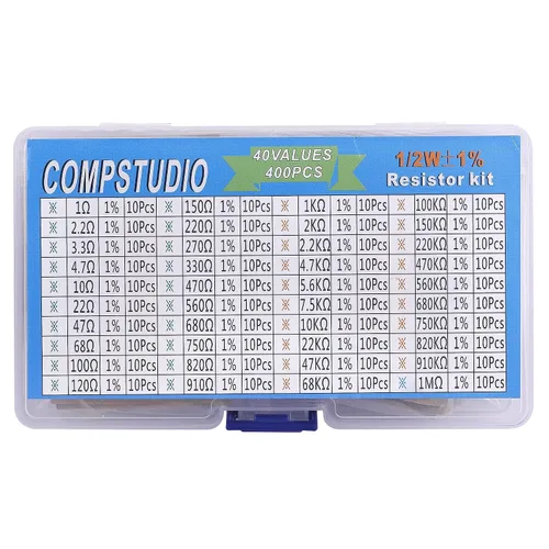 1/2W 1% 40 valores 400 piezas Kit surtido de resistencias 1/2 vatios Resistencia fija de película metálica Paquete variado de resistencias fijas de