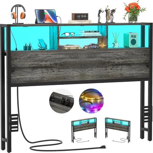Miniatura 13 de Cabecero Aheaplus para Cama Individual con Almacenamiento, Cabeceros con Enchufes, Puertos USB y Luz LED, Cabecero Individual Solo, Altura