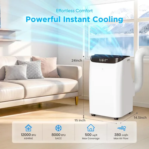 Miniatura 5 de Aire acondicionado portátil de 12,000 BTU que enfría hasta 500 pies cuadrados, unidad de CA portátil 3 en 1 de eficiencia energética con control