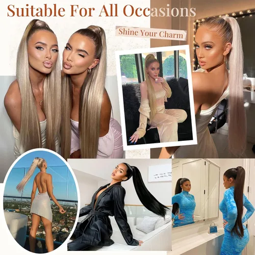 Miniatura 6 de Flufymooz - Extensión de cola de caballo de 26 pulgadas, extensiones de cabello con cordón y clip rectas, cola de caballo falsa natural suave